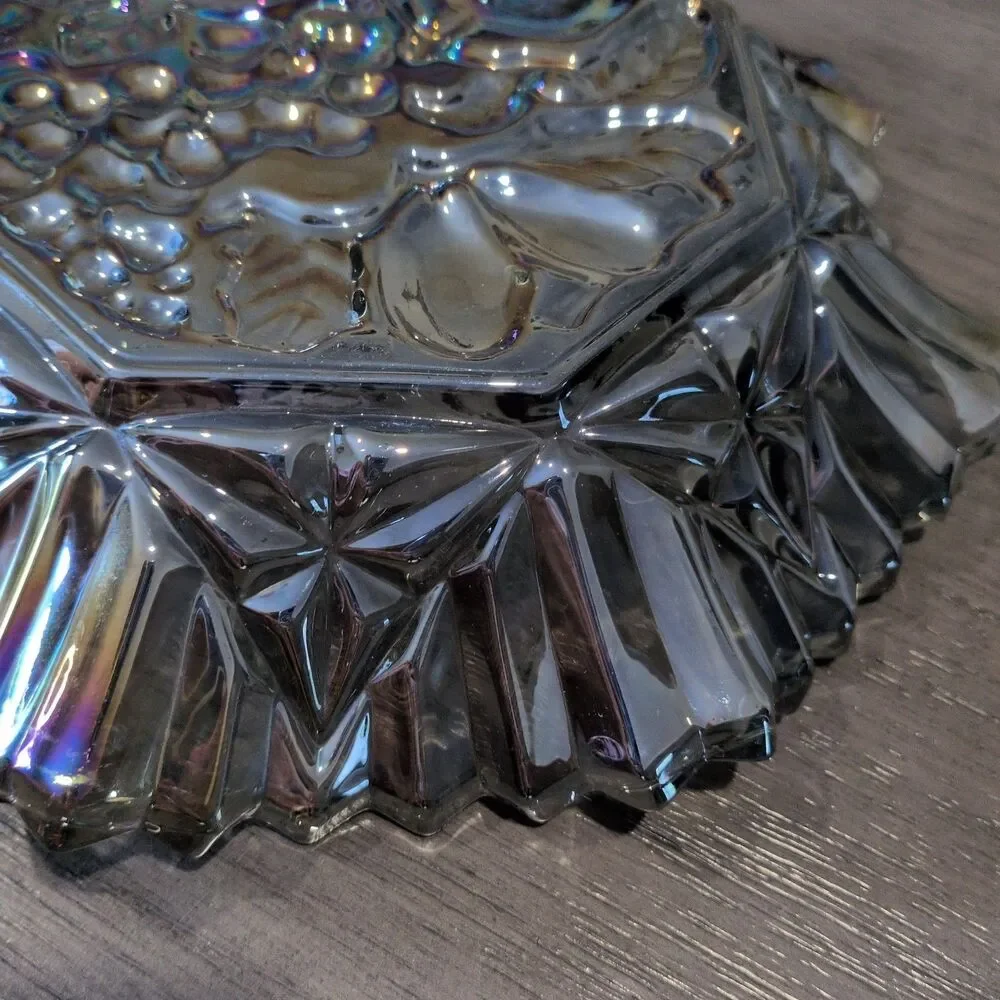 Vintage Federal Glass Pioneer Smoke Iridescent Carnival Glass Ruffled Fruit Bowl